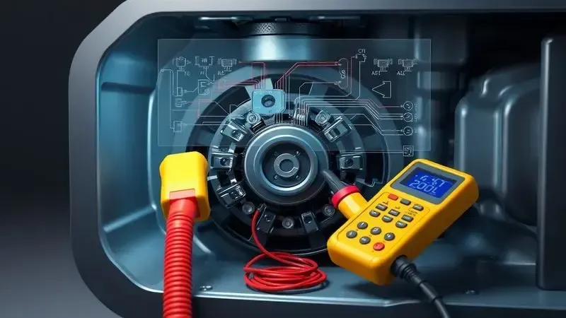 Diagnóstico do motor e componentes elétricos do aspirador durante manutenção.