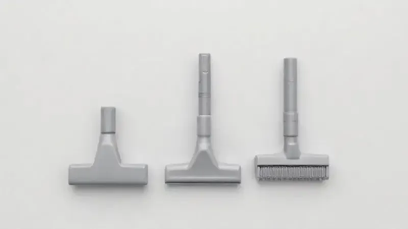 Render 3D dos diferentes acessórios de um aspirador de pó, ilustrando as diversas funções para limpeza de cantos, estofados e pisos.