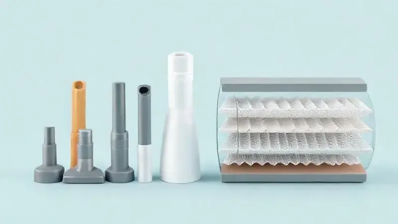 Ilustração 3D mostrando diversos acessórios conceituais e um sistema de filtragem de múltiplas camadas para um aspirador de pó.