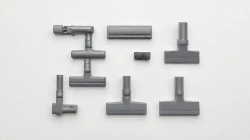 Ilustração 3D de vários acessórios e bocais de aspirador de pó organizados, representando a versatilidade para diferentes tipos de limpeza.