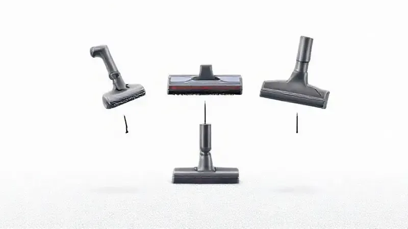 Ilustração digital de diversos acessórios e bocais de aspirador de pó flutuando, simbolizando a versatilidade do aparelho em diferentes superfícies.