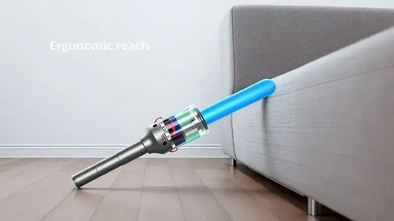 Ilustração 3D do conceito de alcance ergonômico para limpar embaixo dos móveis