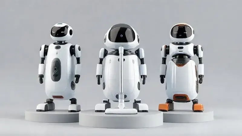 Três modelos conceituais e diferentes de robôs aspiradores lado a lado, representando as soluções alternativas e concorrentes no mercado.