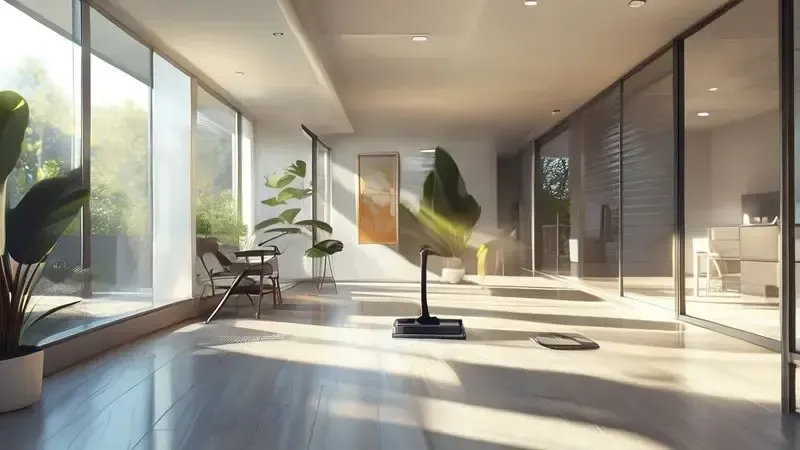 Ilustração conceitual de um ambiente doméstico limpo e higienizado com tecnologia de aspiração