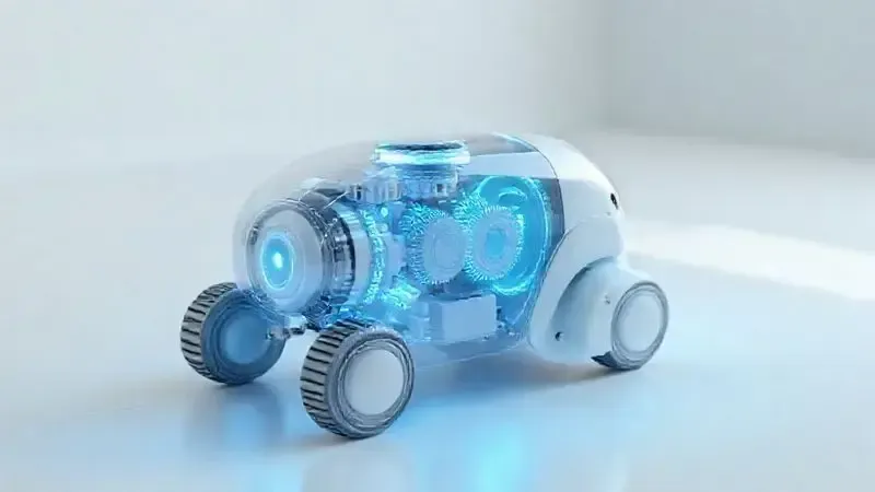 Ilustração conceitual da tecnologia e sensores de um aspirador robô, destacando seu desempenho e funcionalidades de limpeza inteligente.