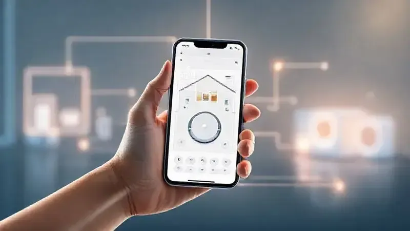 Ilustração de uma mão segurando um smartphone com um aplicativo para controlar um robô aspirador, simbolizando conectividade e casa inteligente.