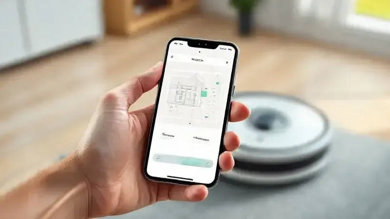 Ilustração de uma pessoa usando um aplicativo de smartphone para controlar um robô aspirador, demonstrando a conectividade e os recursos inteligentes do aparelho.