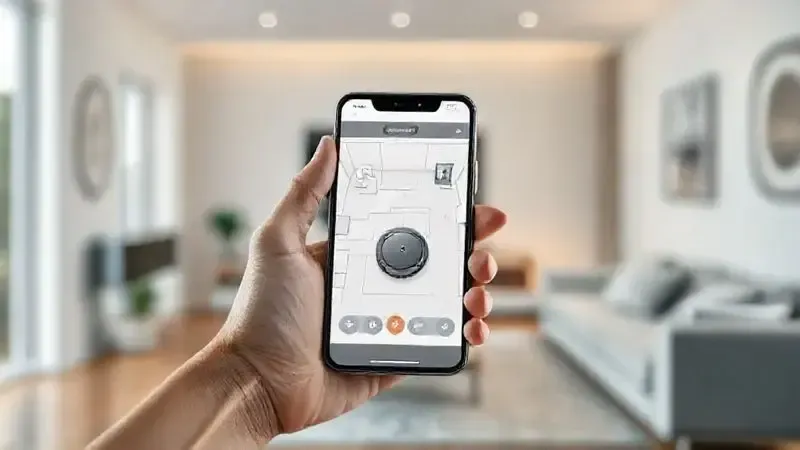 Ilustração de uma pessoa usando um aplicativo de celular para controlar um robô aspirador, simbolizando a conectividade e a automação residencial.