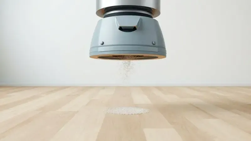 Conceito visual de um aspirador de pó em ação sobre um piso de madeira limpo
