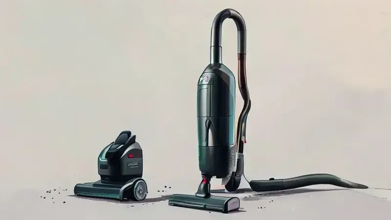 Ilustração conceitual do aspirador 2 em 1 mostrando transformação entre modo vertical e manual