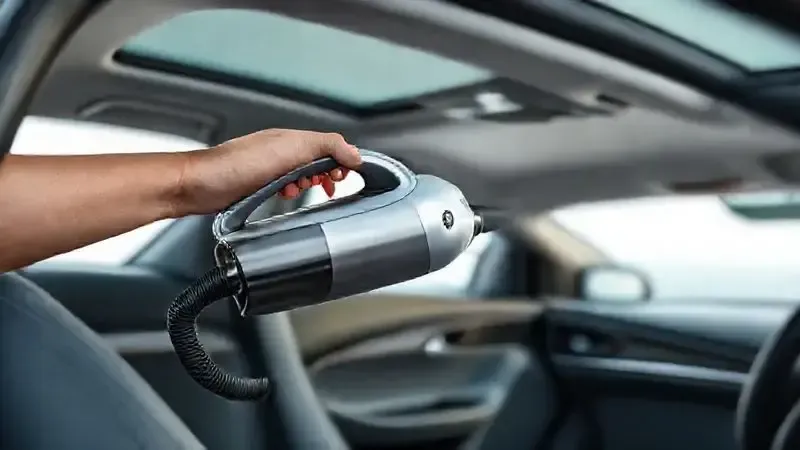Ilustração de um aspirador de pó sem fio sendo usado dentro de um carro, simbolizando a mobilidade e a conveniência do aparelho.