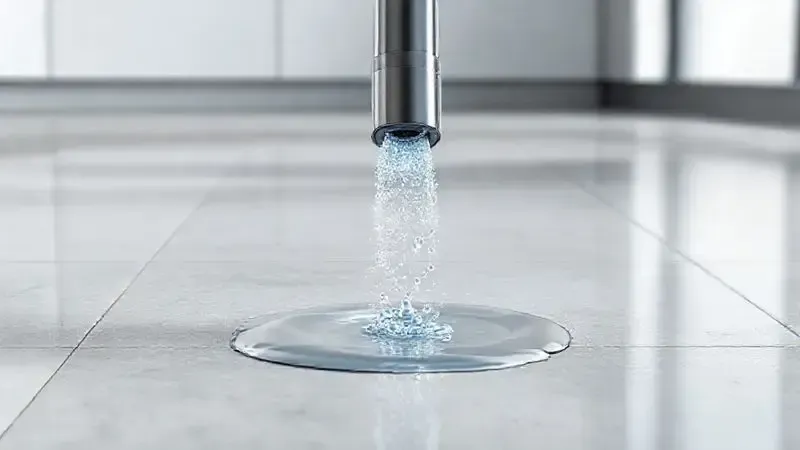 Ilustração conceitual de um bocal de aspirador de pó aspirando uma poça de água de um piso, demonstrando a função de limpeza de líquidos.