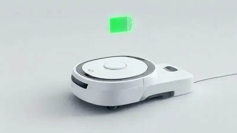 Render artístico de um aspirador robô retornando à sua base para recarregar, simbolizando o conceito de bateria de longa duração e autonomia.