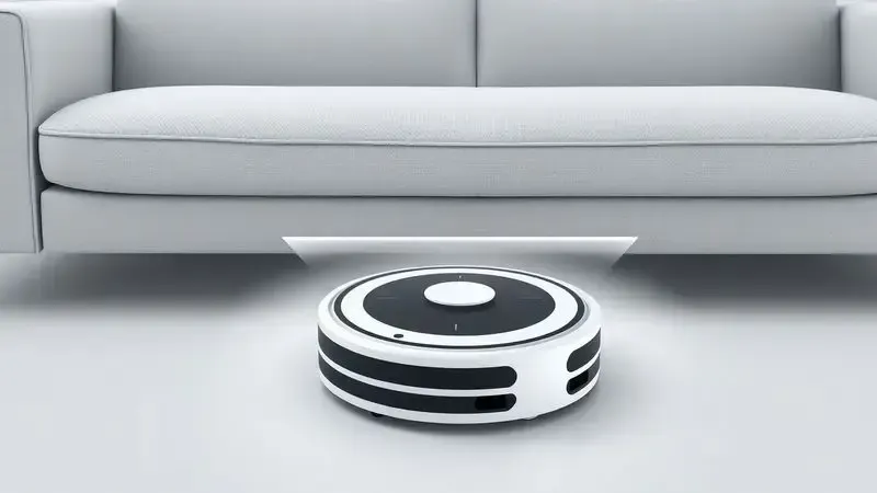 Ilustração conceitual de aspirador robô deslizando sob móvel baixo, demonstrando design compacto para espaços estreitos.