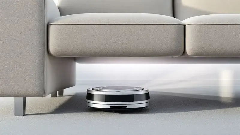 Render 3D demonstrando o design super slim de um aspirador robô, que acessa facilmente áreas difíceis como o espaço embaixo de um sofá.