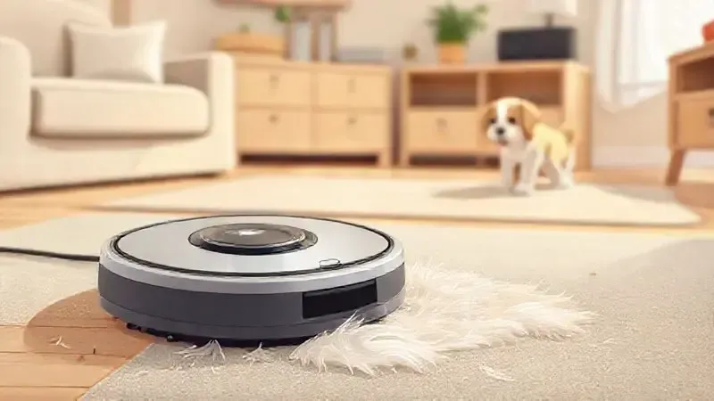 Ilustração artística de um aspirador robô conceitual limpando eficientemente pelos de animais em um piso de madeira, ideal para donos de pets.