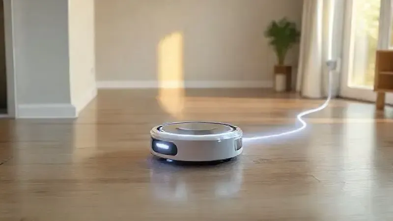 Ilustração de um aspirador robô retornando automaticamente para sua base de carregamento, demonstrando sua função de recarga autônoma.