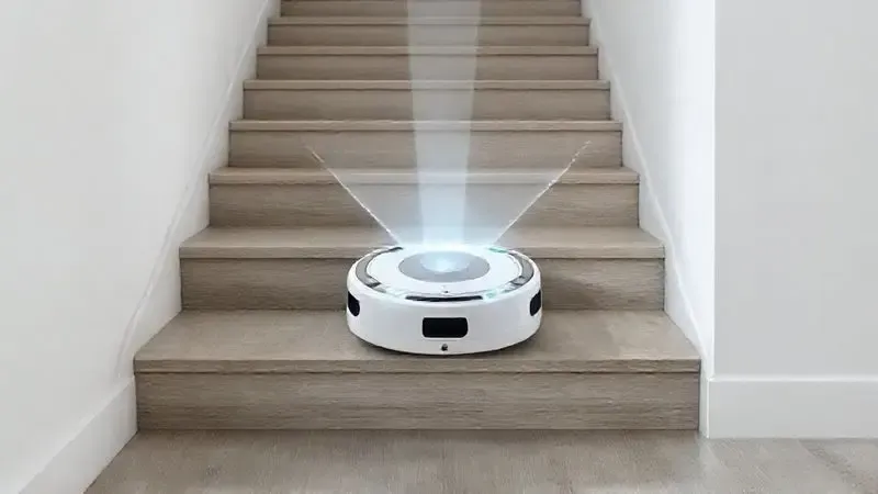 Render 3D de um aspirador robô genérico parando na beirada de uma escada, com seus sensores anti-queda brilhando para demonstrar a tecnologia.