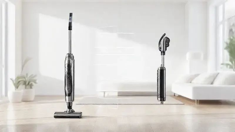 Ilustração da versatilidade 2 em 1 de um aspirador, mostrando sua transformação de um modelo vertical para um portátil.