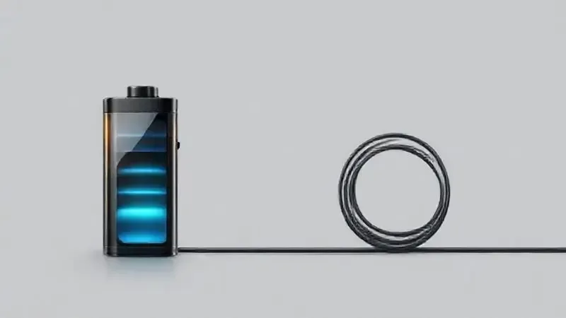Ilustração conceitual comparando um aspirador a bateria, simbolizado por uma bateria brilhante, e um modelo com fio, com um cabo de energia.