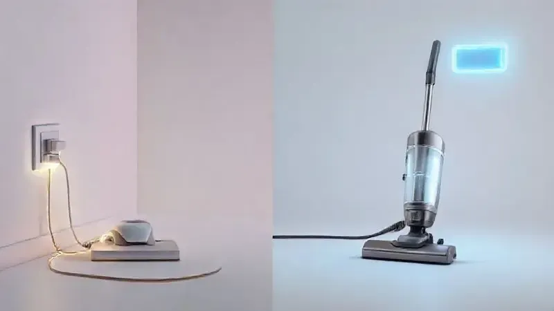 Comparativo visual entre um aspirador de pó vertical com fio e um modelo sem fio, movido a bateria, destacando a liberdade de movimento.