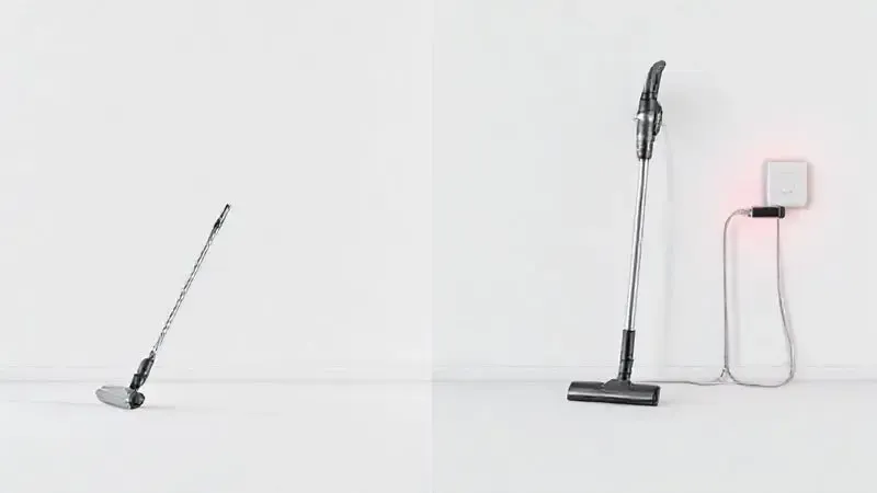 Render artístico conceitual mostrando a diferença entre um aspirador de pó vertical sem fio com mobilidade e um modelo com fio limitado à tomada.