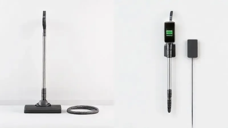 Ilustração comparativa mostrando a diferença conceitual entre um aspirador de pó vertical com fio e um modelo a bateria.