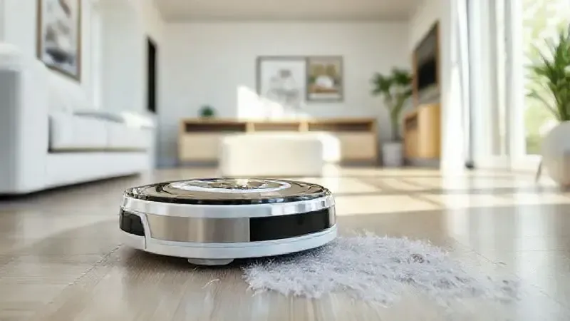 Ilustração de um aspirador de pó robô moderno limpando pelos de animais em uma sala de estar, representando a automação da limpeza doméstica.
