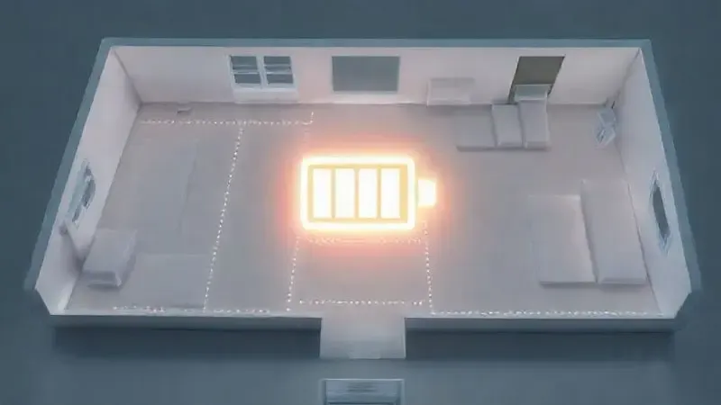 Render artístico de uma bateria brilhante sobre a planta de uma casa com um trajeto de limpeza, ilustrando a autonomia e cobertura total do robô aspirador.