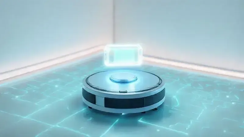 Render 3D conceitual de um robô aspirador com um ícone de bateria e um mapa digital, ilustrando a autonomia e cobertura de limpeza.