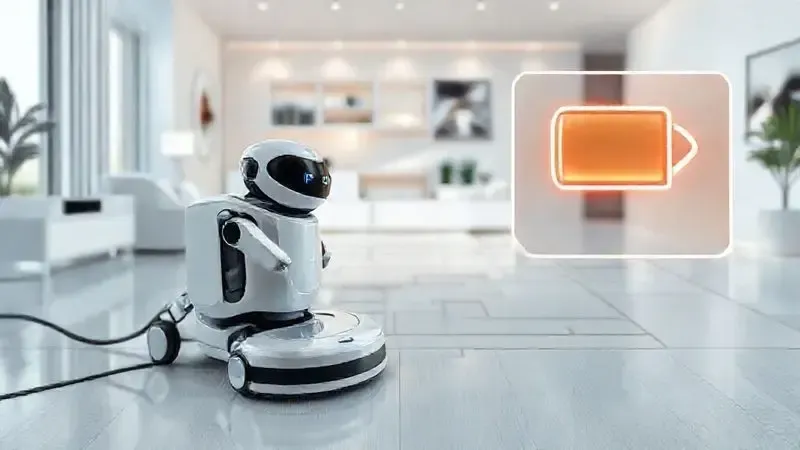 Render artístico de um robô aspirador conceitual limpando uma grande área, com um ícone de bateria de longa duração destacando sua autonomia.