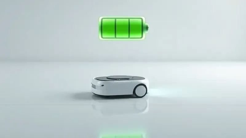 Render artístico de um robô aspirador limpando uma grande área, com um ícone de bateria cheia simbolizando sua excelente autonomia.