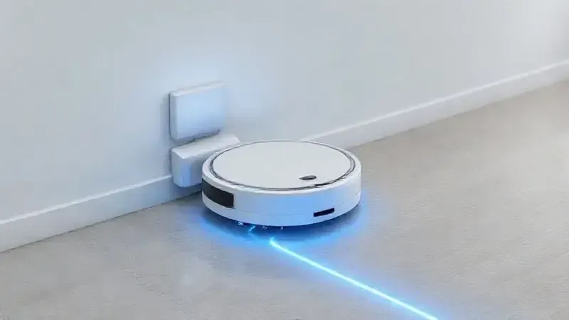 Render 3D de um robô aspirador conceitual retornando à sua base de carregamento, simbolizando a autonomia de bateria e o mapeamento inteligente da área.