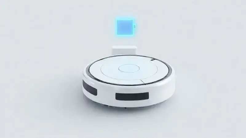 Render 3D de um robô aspirador genérico voltando para sua base para recarregar a bateria, ilustrando o conceito de autonomia e recarga.
