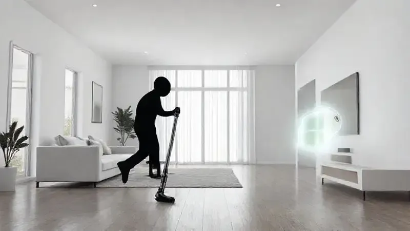 Ilustração de um aspirador sem fio se movendo livremente pela casa, com um ícone de bateria brilhante simbolizando sua longa autonomia.