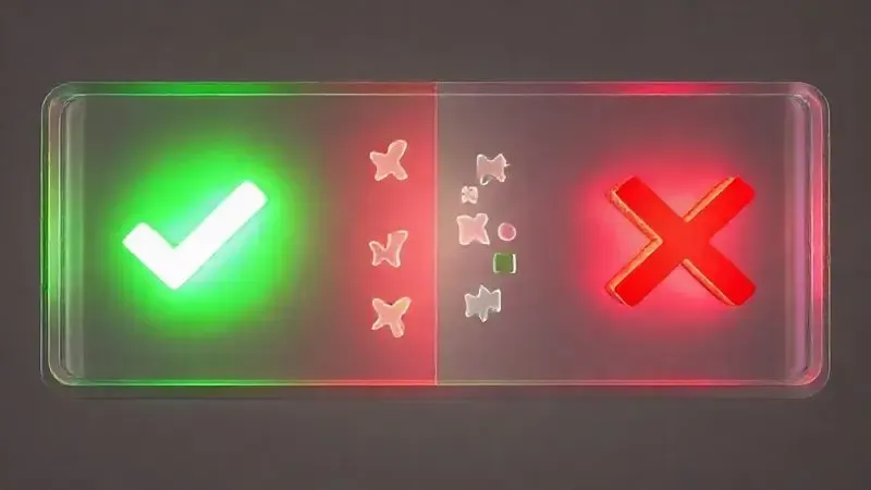Ilustração conceitual representando os prós e contras de um produto, com um símbolo de visto verde e um X vermelho para avaliações de usuários.