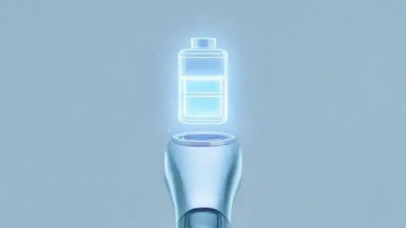 Ilustração conceitual da bateria e autonomia de um aspirador de pó vertical, mostrando um ícone de energia brilhante.