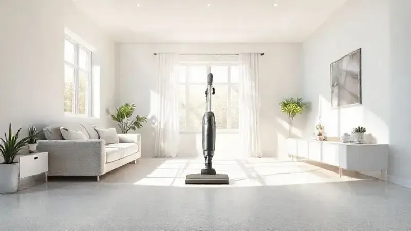 Ilustração de uma sala de estar impecavelmente limpa e iluminada pelo sol, simbolizando os benefícios de um bom aspirador de pó para a saúde e o bem-estar.