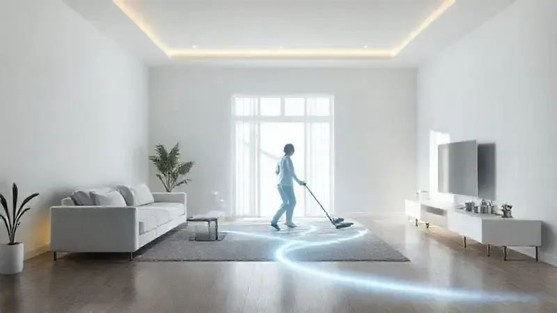 Ilustração conceitual mostrando as linhas de movimento livre em uma sala, simbolizando os benefícios de um aspirador de pó sem fio.