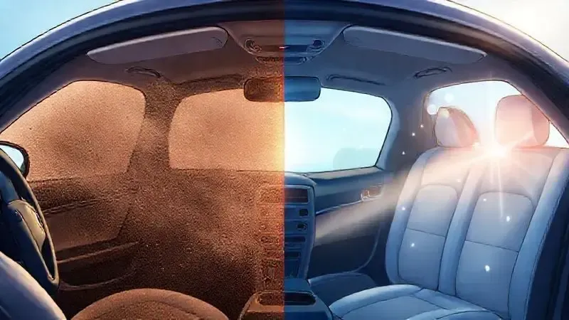 Comparativo visual do interior de um carro antes e depois da limpeza, mostrando os benefícios de um ambiente higienizado.