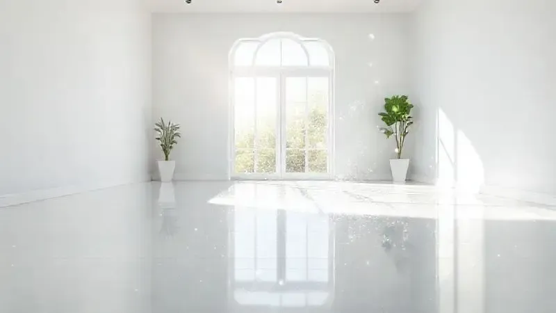 Ilustração de uma sala de estar moderna e brilhante, simbolizando os benefícios de um aspirador de pó vertical para um ambiente limpo e saudável.