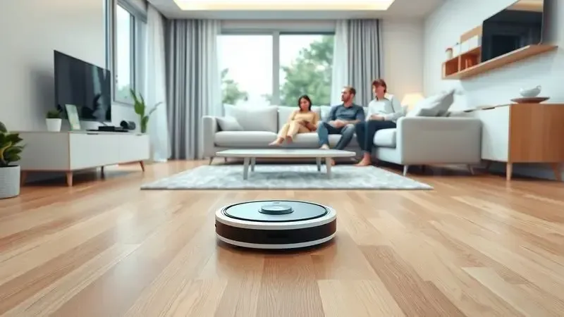 Conceito visual de aspirador-robô limpando enquanto família relaxa, mostrando a praticidade da automação doméstica.