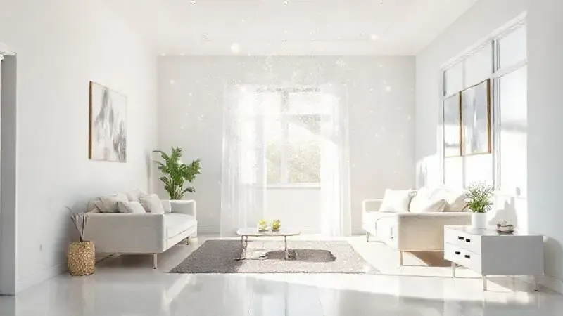 Ilustração de uma sala de estar limpa e ensolarada, simbolizando os benefícios de um bom aspirador de pó para um ambiente saudável e sem poeira.