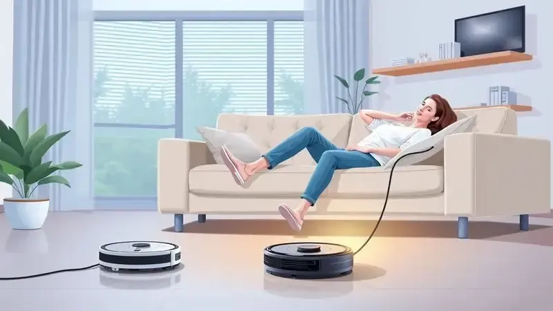 Pessoa relaxando enquanto robô aspirador limpa automaticamente com comando de voz Alexa