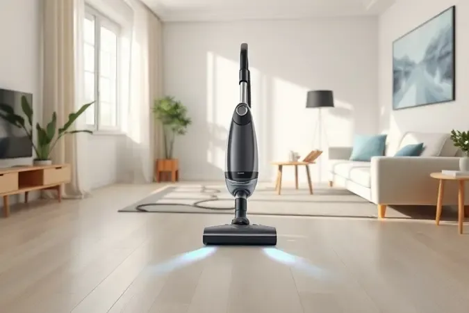Aspirador silencioso em ambiente doméstico contemporâneo com ondas sonoras sutis