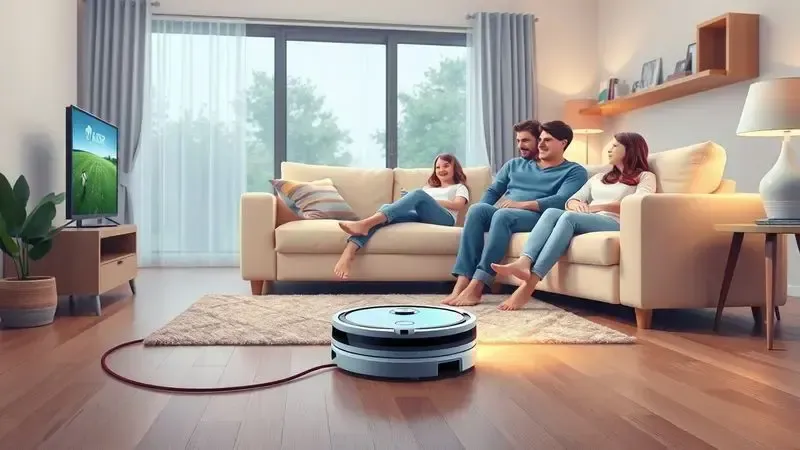 Cena conceitual de automação doméstica com robô aspirador limpando enquanto família relaxa no sofá.
