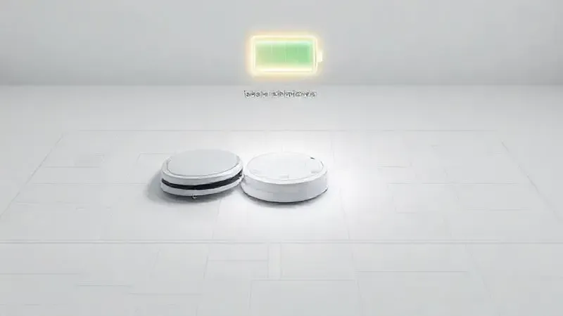 Render 3D conceitual de um robô aspirador limpando um grande mapa de piso, ilustrando a cobertura e a autonomia da bateria do aparelho.