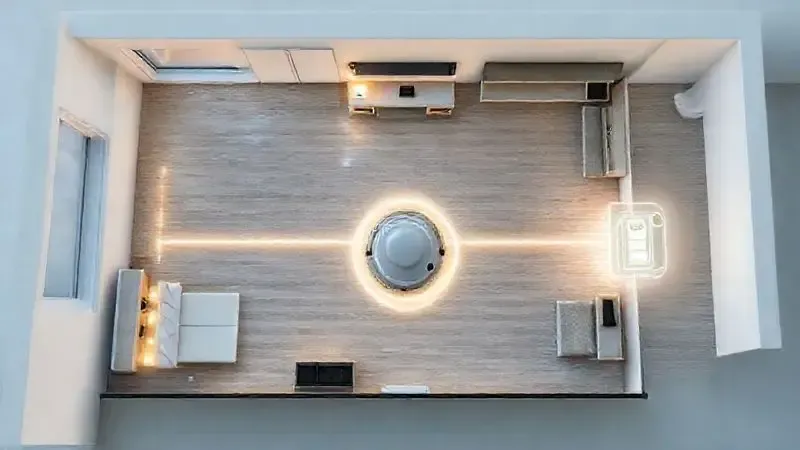Render 3D ilustrando a ampla cobertura de limpeza e a longa duração da bateria de um robô aspirador em uma planta de apartamento.