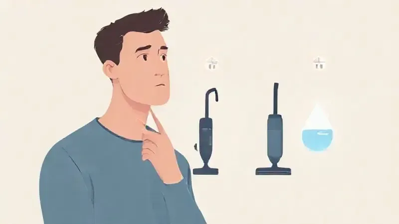 Ilustração conceitual de uma pessoa analisando de forma abstrata as características de um aspirador, como uso doméstico ou profissional.