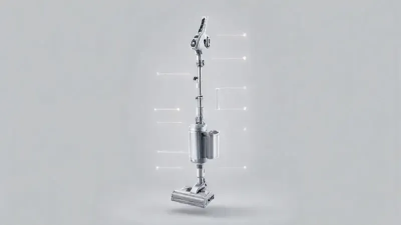 Ilustração 3D de um aspirador de pó vertical conceitual desmontado, exibindo suas peças para ilustrar como escolher o melhor modelo.
